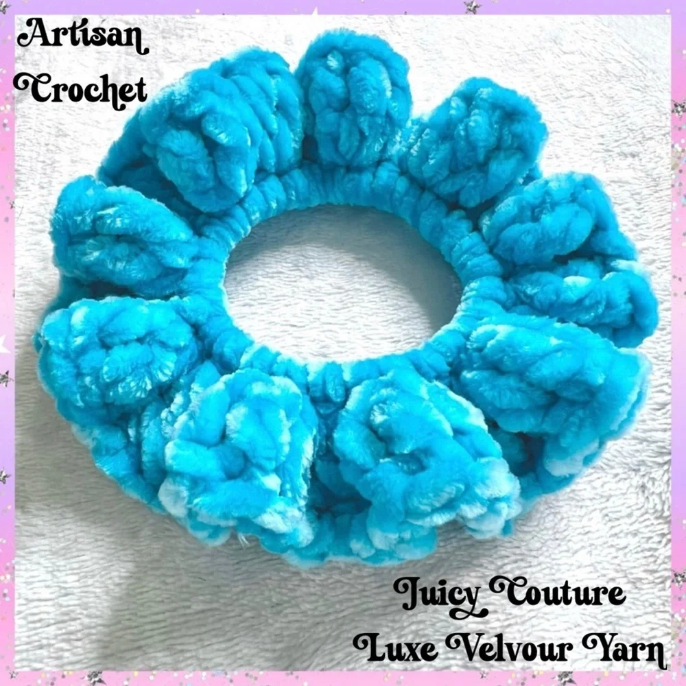 Handmade Crochet VELVET Ice Blue Large Hair Scrunchie Ice Princess PinkRainCloud
